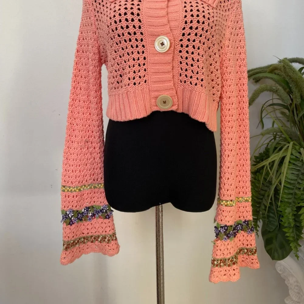 Free People‎ Knit Embroidery Peach Floral Boho Button Short Sweater Top Size L